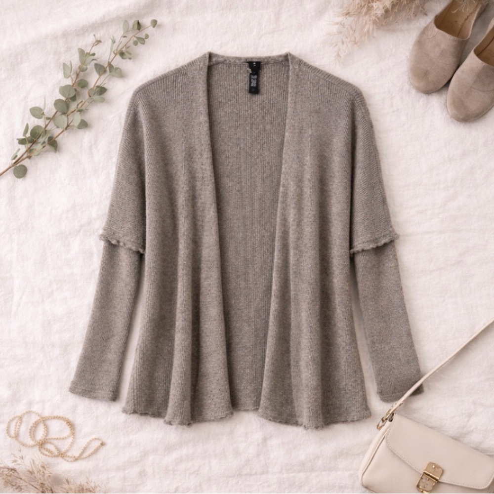 Agnes & Dory Ribbed Open Front Cardigan Small Taupe Tan Drape Lightweight Layer